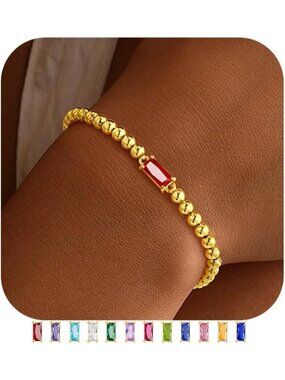 Women's Red 14 Gold Plated Birthstone Beaded Bracelet Dainty Jewelry Gift